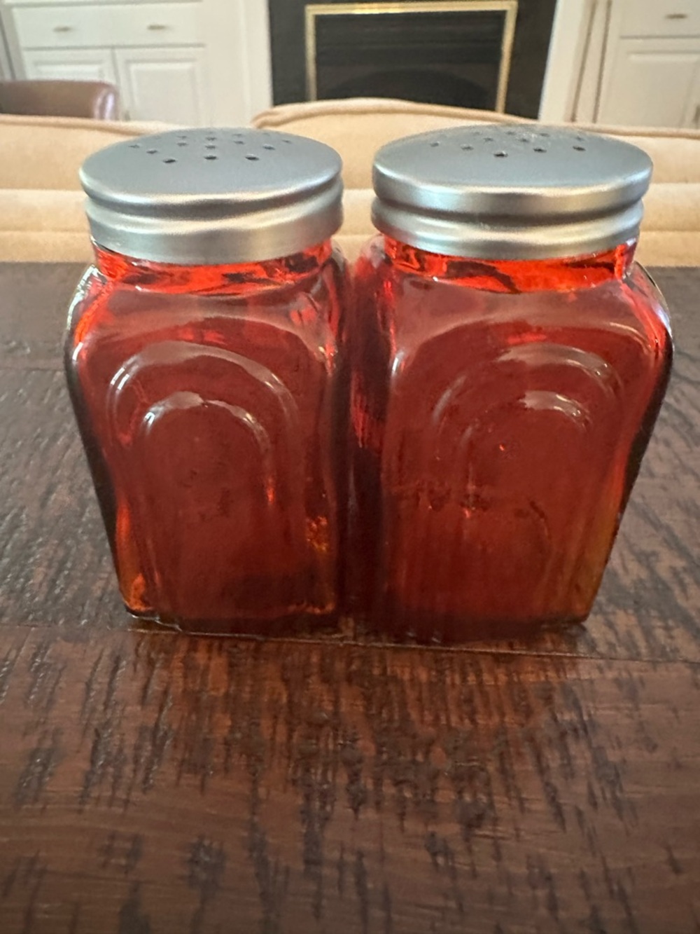 Amber Red Glass Salt and Pepper Shakers with Silver Lids